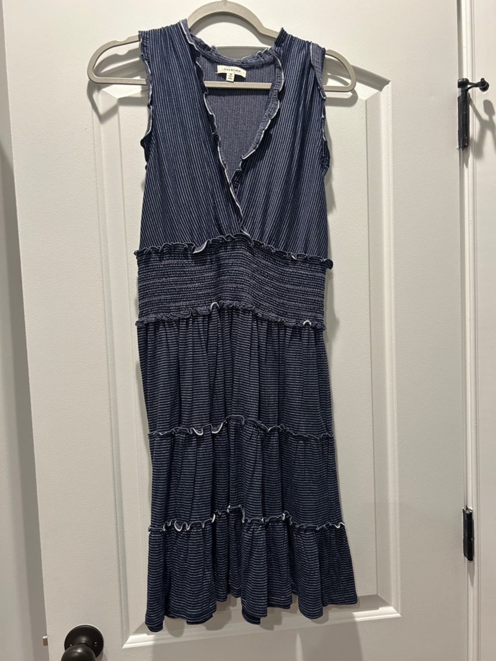 Max Studio Navy and White Striped Tiered Maxi Dress